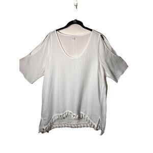 Saks Fifth Avenue White Linen Tassel Hem Cold Shoulder Top XL Boho Resort Blouse